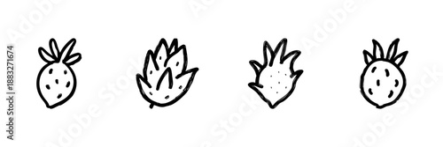 Dragon Fruit Line Icon Set In Doodle Style. Exotic Fruit, Tropical Nutrition, And Healthy Eating Outline Sketch Collection. Hand Drawn Isolated Vector Illustration