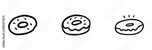 Three Donuts Line Icon Set In Doodle Style. Sweet Pastry, Dessert, And Bakery Treats Outline Sketch Collection. Hand Drawn Isolated Vector Illustration