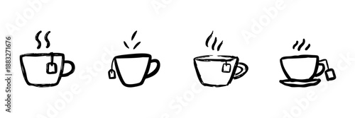 Tea Cup With Tea Bag Line Icon Set In Doodle Style. Hot Beverage, Relaxation, And Tea Time Outline Sketch Collection. Cozy Drink Concept. Hand Drawn Isolated Vector Illustration