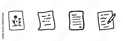 Document And Writing Tools Line Icon Set In Doodle Style. Creative Writing, Note Taking, And Illustration Outline Sketch Collection. Hand Drawn Isolated Vector Illustration