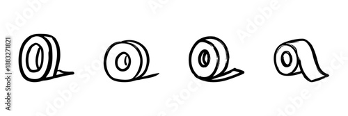 Adhesive Tape Roll Line Icon Set In Doodle Style. Office Supplies, Crafting, And Packaging Tools Outline Sketch Collection. Versatile Stationery Items. Hand Drawn Isolated Vector Illustration