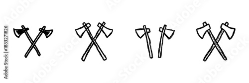 Crossed Axes Line Icon Set In Doodle Style. Lumberjack Tools, Woodcutting, And Forestry Equipment Outline Sketch Collection. Hand Drawn Isolated Vector Illustration