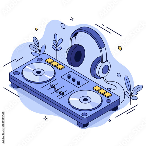 Blue dj turntable and headphones with abstract leaf design