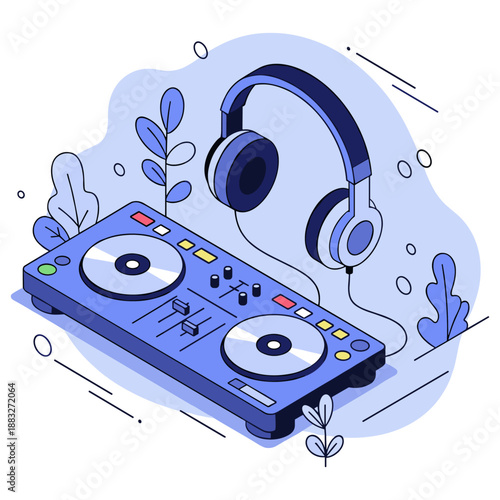 Blue dj set with turntable and headphones in abstract leafy design