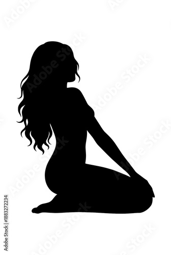 Silhouette of a woman in a moment of tranquility and reflection. Her body in a kneeling position, hair flowing, evoking a sense of calm and poise