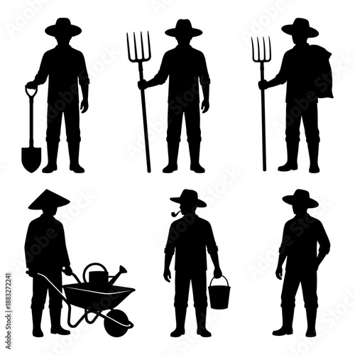 Silhouette of diverse farmers with tools in the field