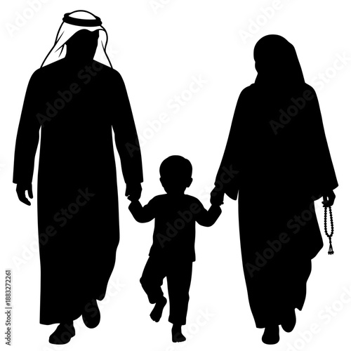 An Islamic family holding hands, walking together. The family has a traditional and cultural appearance