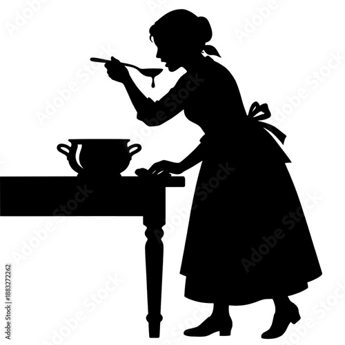 Silhouette of a woman in a classic kitchen tasting a spoonful of food from a pot. She is dressed in a vintage dress and apron, evoking a sense of traditional cooking and warmth