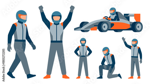 Racing driver character set with various poses and a race car in a cartoonish design.