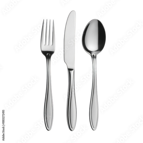 Silver fork knife and spoon on black silverware utensils isolated on a transparent background