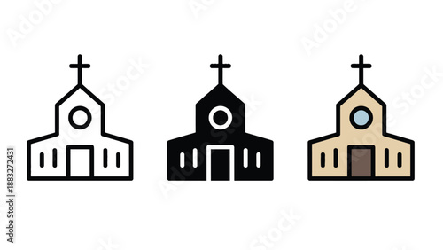Three different church icons in various colors on a white background