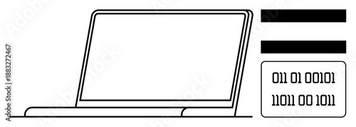 Open laptop with binary code and horizontal data bars, representing coding, programming, data analysis, and technology. Ideal for computing, programming education, and innovation, simple flat