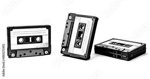 Retro audio cassettes in black and white halftone style