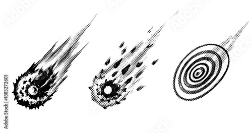 Dynamic black and white comic-style meteor illustrations with halftone patterns