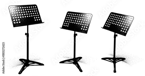 Three adjustable black music stands with perforated sheet holders in a row