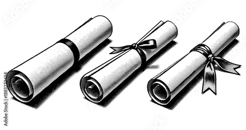 Three rolled graduation diplomas with ribbons in black and white illustration