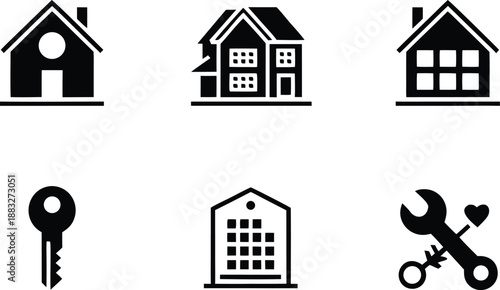 Real estate property icons collection featuring various house designs key tool and building silhouette set