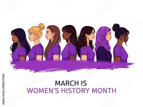 March is Women's History Month Illustration Featuring Diverse Women in Purple Shirts, Solidarity and Inclusion