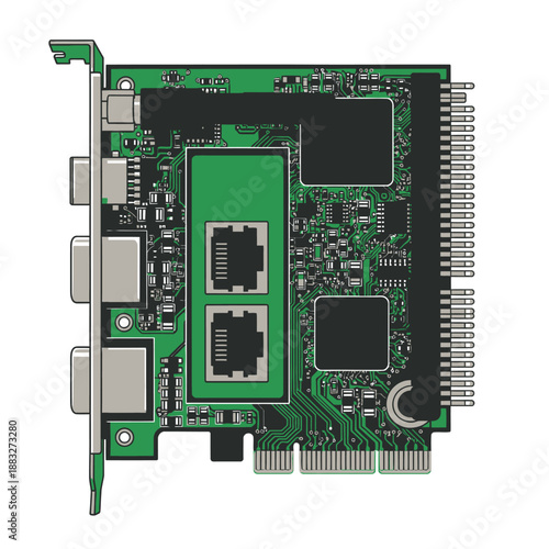 Close-up of a computer network card with various ports and connectors.