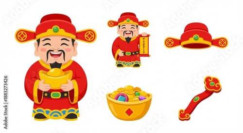 Cheerful Chinese God of Wealth Caishen Holding Gold Ingot and Auspicious Symbols for Lunar New Year Festivities