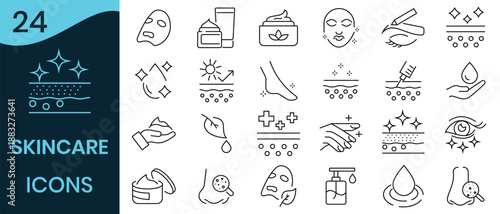 Skin care icon set. Out line icon of moisture, cooling, shielding evaporation, elasticity, hydration, absorption, repair, and protection indicates .Vector illustration.