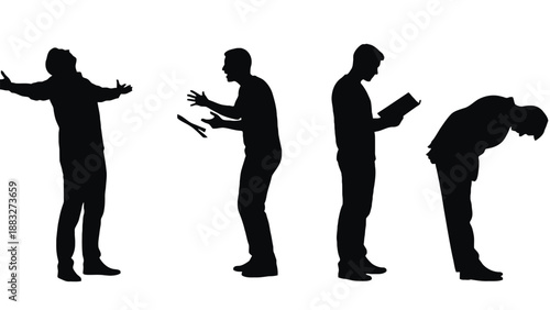 A series of black silhouettes depicting various human emotions and body language expressions.