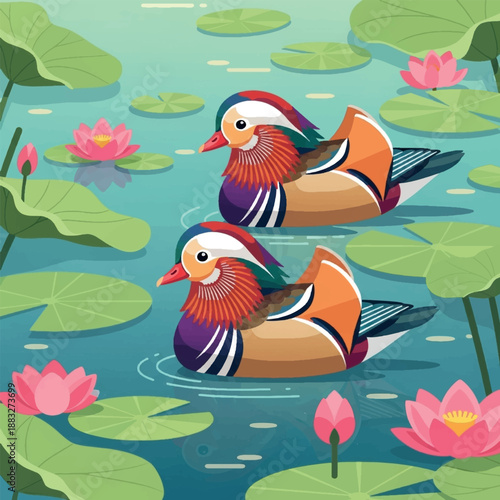 Two colorful ducks in water.