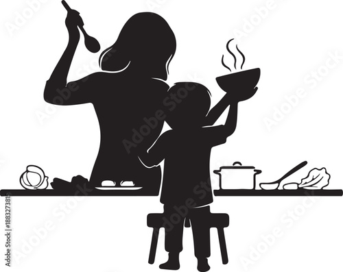 Mother and child cooking together in the kitchen silhouette graphic