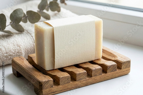 Natural soap bar mockup with paper sleeve on wooden tray