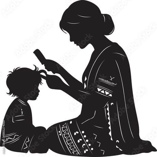 Mother combing childs hair in traditional clothing isolated on transparent background