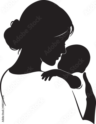 Mother holding baby close in loving embrace silhouette profile view isolated on transparent background