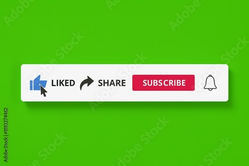 Red youtube subscribe button with notification bell and icons for like comment and share on a green background