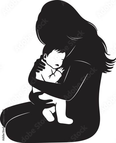 Mothercradlingbabyinarmsillustrationisolatedontransparentbackgroundwithsoftgentlelines