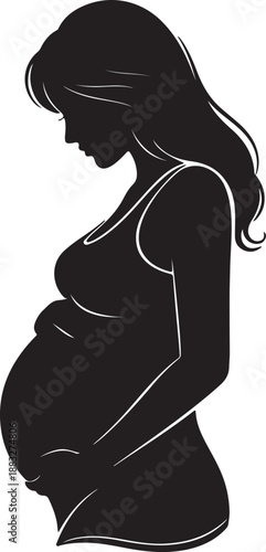 Pregnant woman silhouette standing profile with hands on belly isolated on transparent background