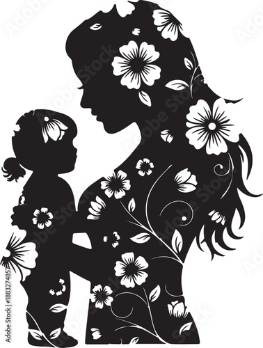 Silhouette of mother and child with floral patterns in their hair together