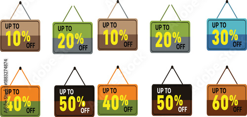 Set of hanging wooden texture discount signs with up to ten twenty thirty forty fifty and sixty percent off for retail sale marketing promotion