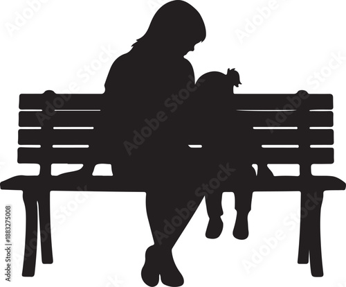 Woman sitting on bench with dog on lap silhouette illustration