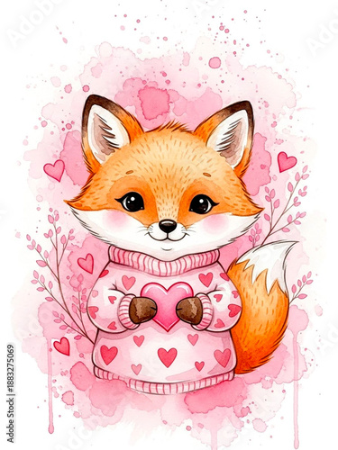A charming fox in a pink heart-pattern sweater, rendered in watercolor with a soft pink background. Ideal for Valentine-themed designs, children's cards, gifts, and cheerful branding.