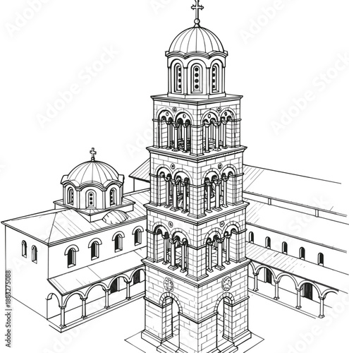 Historic church bell tower and monastery architecture illustrated in detailed black and white line art with domes, arches, and religious elements