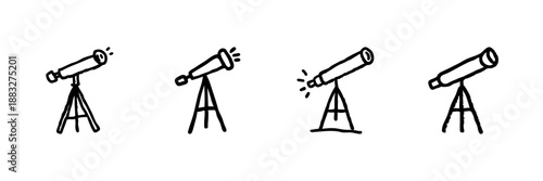 Telescope Line Icon Set In Doodle Style. Astronomy Exploration And Stargazing Equipment Outline Sketch Collection. Space Observation And Celestial Viewing Tools. Hand Drawn Vector Illustration