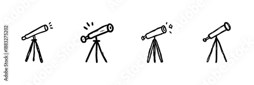 Telescopes On Tripods Line Icon Set In Doodle Style. Astronomy Exploration And Stargazing Equipment Outline Sketch Collection. Hand Drawn Isolated Vector Illustration