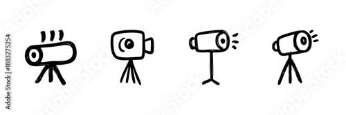 Camera And Projector Line Icon Set In Doodle Style. Video Recording, Broadcasting, And Surveillance Equipment Outline Sketch Collection. Hand Drawn Isolated Vector Illustration