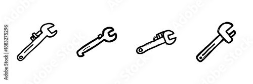 Adjustable Wrench Line Icon Set In Doodle Style. Mechanical Tool, Repair, And Maintenance Equipment Outline Sketch Collection. Hand Drawn Isolated Vector Illustration