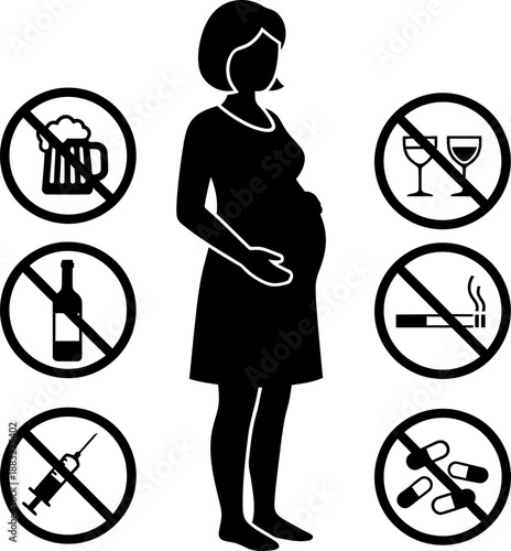 Pregnant woman silhouette with no smoking, no drinking, no drugs signs