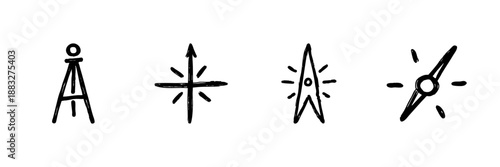 Compass And Navigation Symbols Line Icon Set In Doodle Style. Directional Guidance, Exploration, And Mapping Outline Sketch Collection. Hand Drawn Isolated Vector Illustration