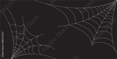 Corner Cobweb, isolated on black, transparent background. Spiderweb for Halloween design. Spider web elements, spooky, scary, horror halloween decor.