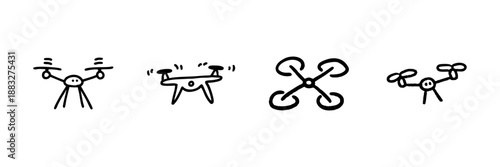 Drone Line Icon Set In Doodle Style. Aerial Photography, Surveillance, And Technology Outline Sketch Collection. Hand Drawn Isolated Vector Illustration