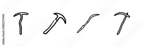 Ice Climbing Tools Line Icon Set In Doodle Style. Mountaineering Equipment And Adventure Gear Outline Sketch Collection. Hand Drawn Isolated Vector Illustration