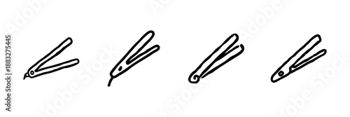 Hair Straightener Line Icon Set In Doodle Style. Hair Styling, Beauty Tools, And Salon Equipment Outline Sketch Collection. Hand Drawn Isolated Vector Illustration