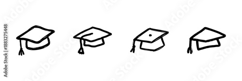 Graduation Cap Line Icon Set In Doodle Style. Academic Achievement And Education Celebration Outline Sketch Collection. Hand Drawn Isolated Vector Illustration
